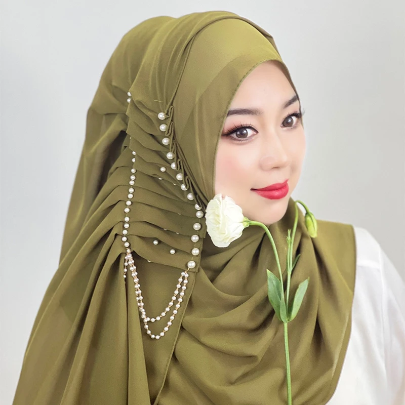 

Ramadan Muslim Chiffon Hijabs Stretch Pearl Jersey Scarf Women Headscarf Long Shawl Scarf Jersey Hijabs Lady Islam Voile Hijab