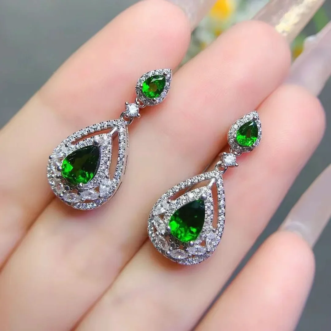 

Lovely 925 Sterling Silver Drop Earrings for Bridal 5*7mm Total 1.4ct Natural Diopside Earrings 18K Gold Plated Diopside Jewelry