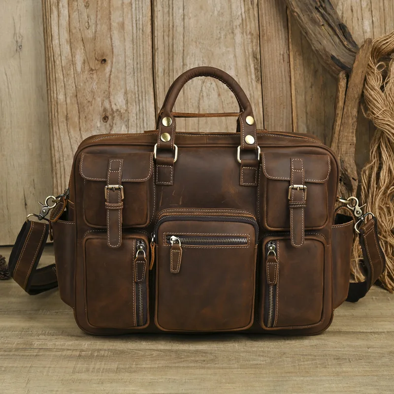

LD-G012 Retro Crazy Horse Leather Men's Bag Genuine Leather 15 Inch Multi Pocket Single Shoulder Laptop Bag