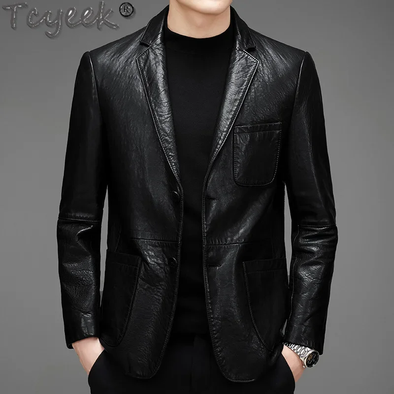 Tcyeek Real Leather Jacket Men Oil Wax Natural Cowhide Coat 2024 Spring Autumn Mens Clothes Business Casual Leather Coat Trendy