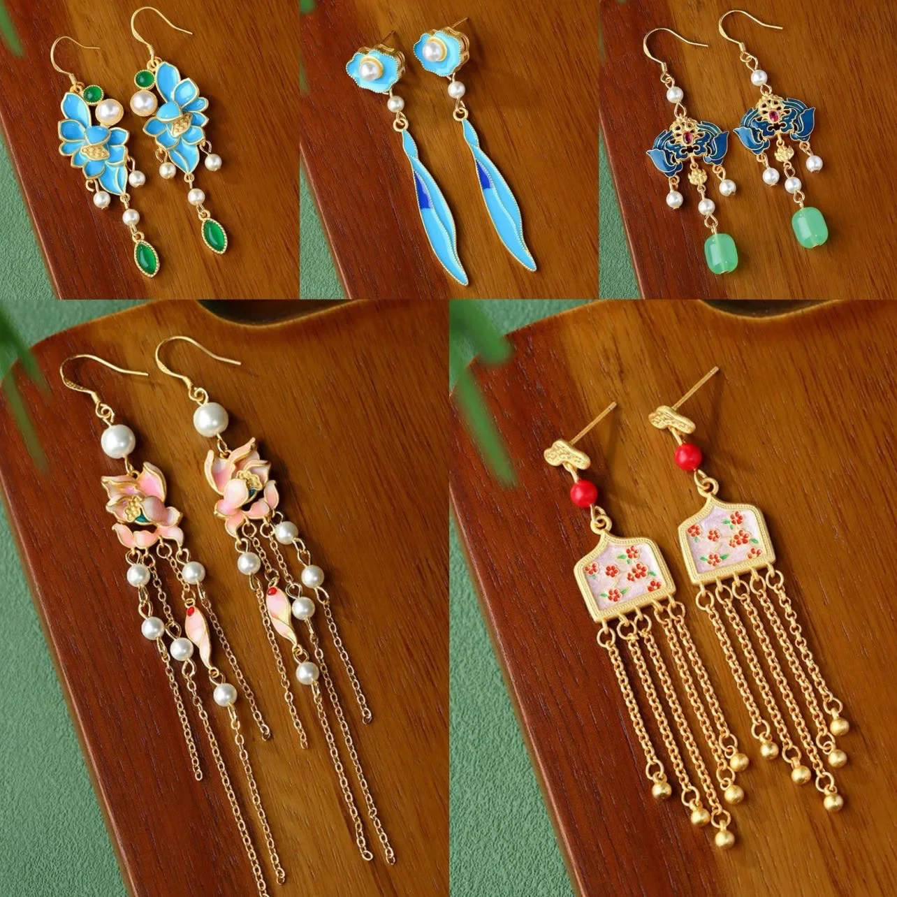 Ethnic Palace Style Flower Tassel Earrings for Women Hand-carved Peacock Blue Gold Color Inlay Gemstone Luxury Banquet Jewelry