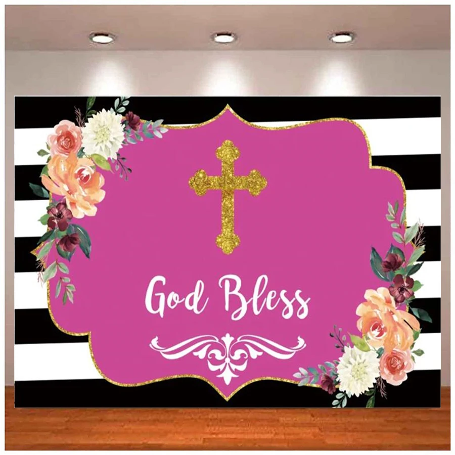 

Stage Stripes Photography Backdrop For Gold Cross God Bless You Flowers Poster Portrait Photo Background Banner