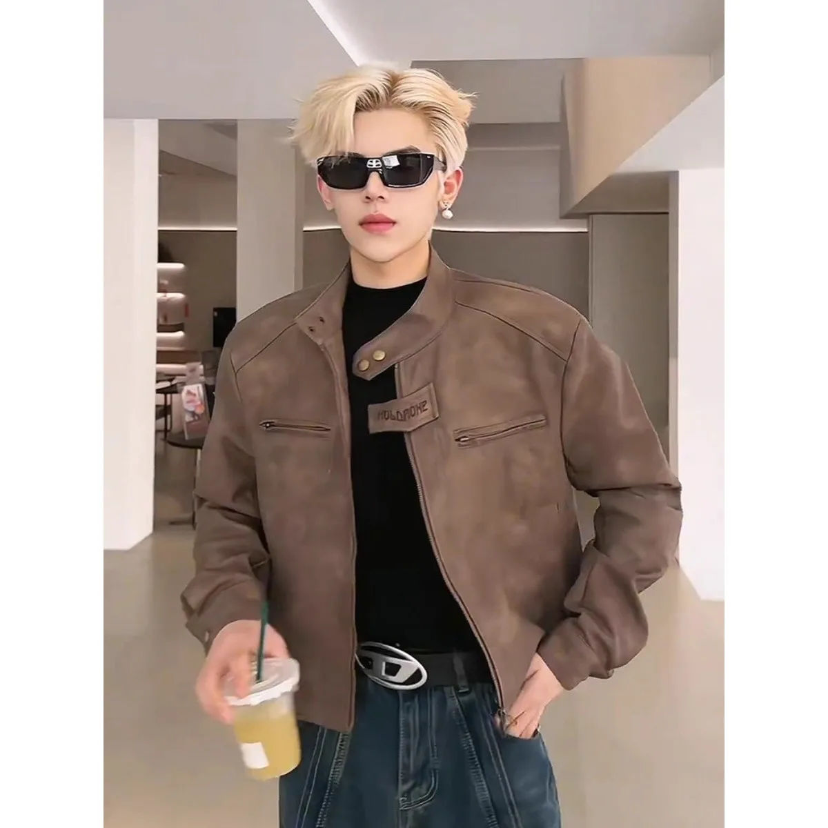 

Retro Brown ort Stand Collar Jaet Men's Loose Motorcycle PU Leather Jaet Autumn Trendy Design Casual Loose Fit Jaet