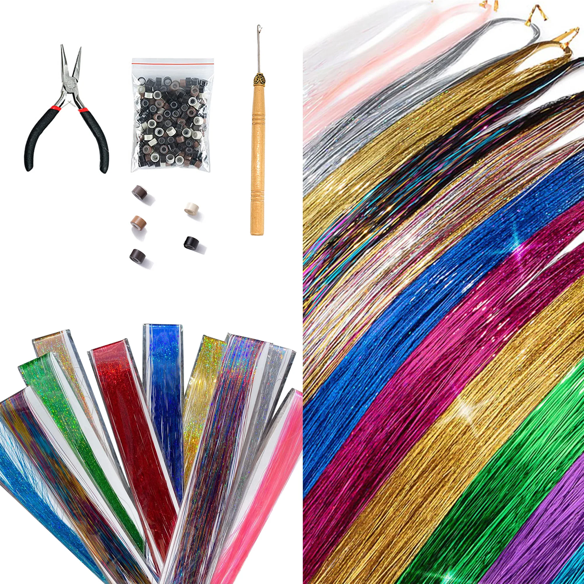 

Sparkle Shiny Hair Tinsel Rainbow Silk Hair Extensions Dazzles Women Hippie for Braiding Headdress Long 100cm 120 Strands/bag