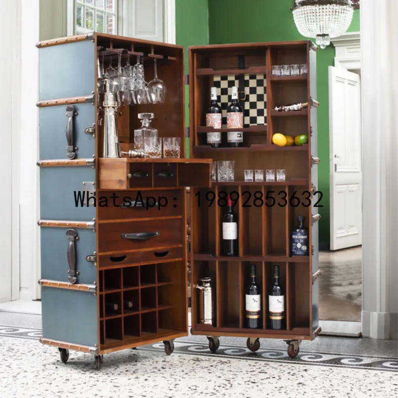LYY Retro Movable Wine Cabinet Solid Wood Travel Treasure Chest Red Wine Display Villa Mansion Storage Side Cabinet