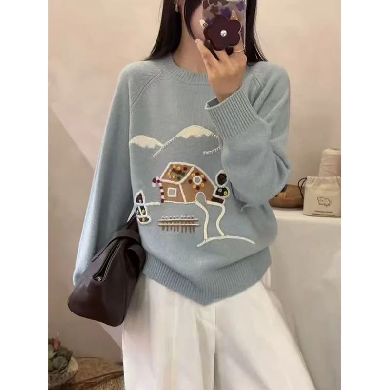 100% pure cashmere base layer, luxury brand high-end autumn and winter round-neck thickened embroidered hook knit sweater