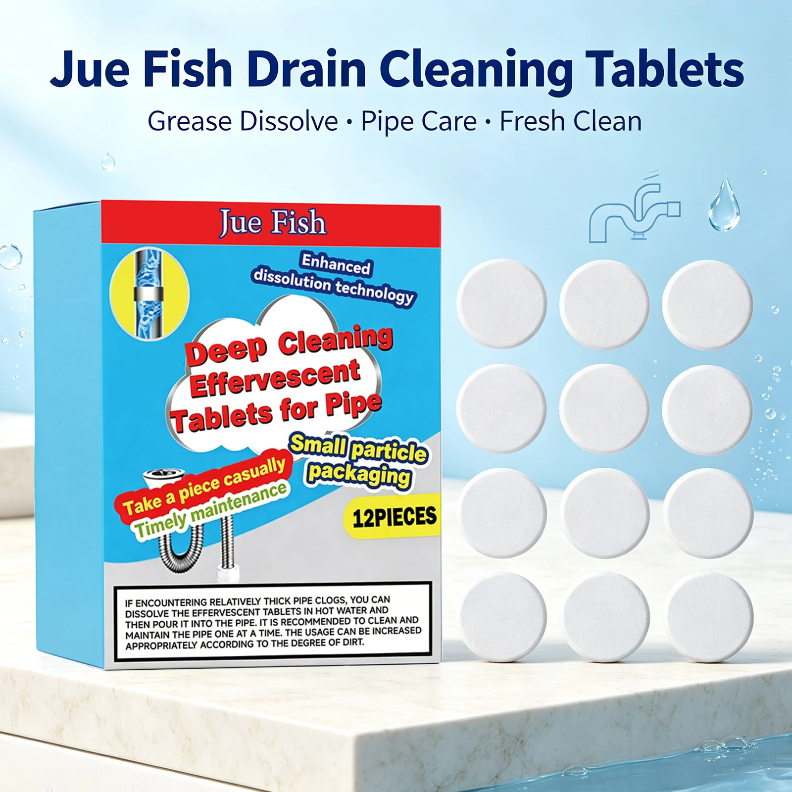 Jue Fish Pipe Cleaning Effervescent Tablets Dissolve Grease & Dirt Remove Blockages Eliminate Odors Sink Drain Cleaner Tablets view 4
