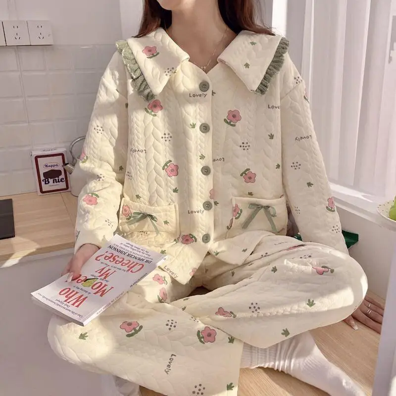 

Хлопковая женская пижама, новая модель осень-зима, удобная одежда для сна, пижамный комплект в корейском стиле, милый домашний костюм с цветочным принтом