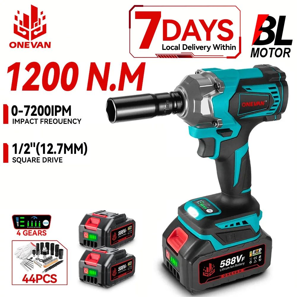 ONEVAN 1200N.M Brushless Electric Impact Wrench 3 Funtion 1/2" Cordless Screwdriver Electric Drill F...
