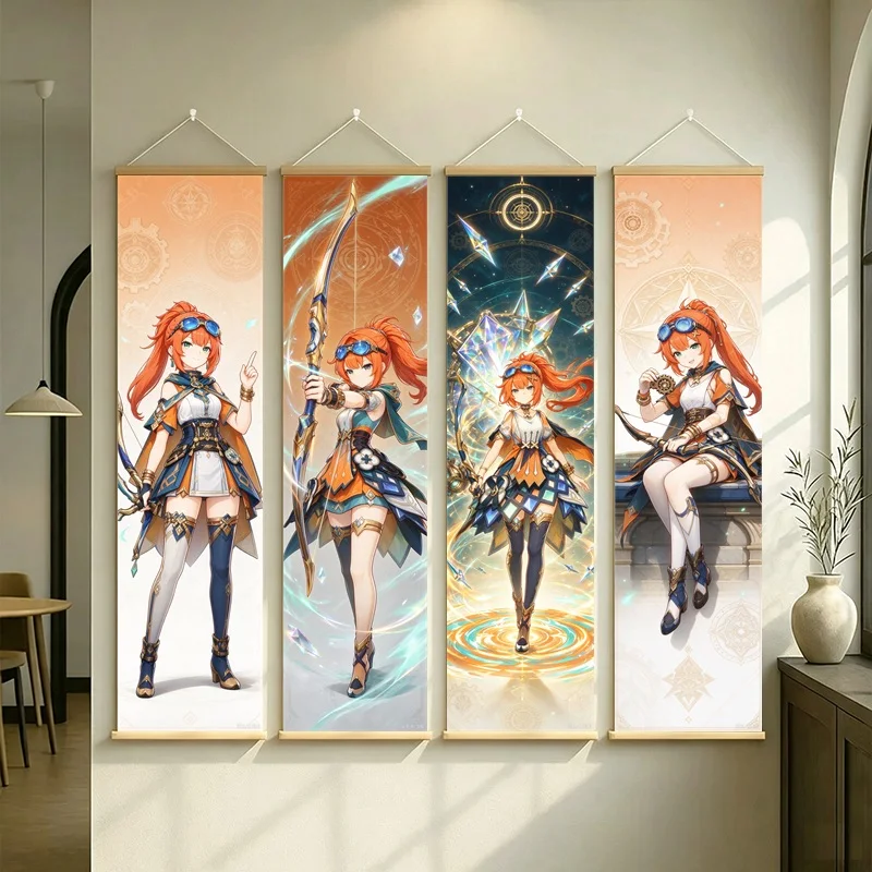 Hanging Scroll Wall Art of Genshin Impact Kachina with Golden Fantasy Motifs on Silver Shimmer Canvas for an Anime Bedroom