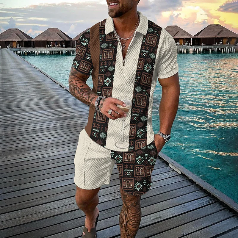 Men's Classic Print Two Piece Sets Summer Outdoor Urban Street Casual Zipper Polo Shirt Outfit Retro Simple Breathable Male Suit - Image 4