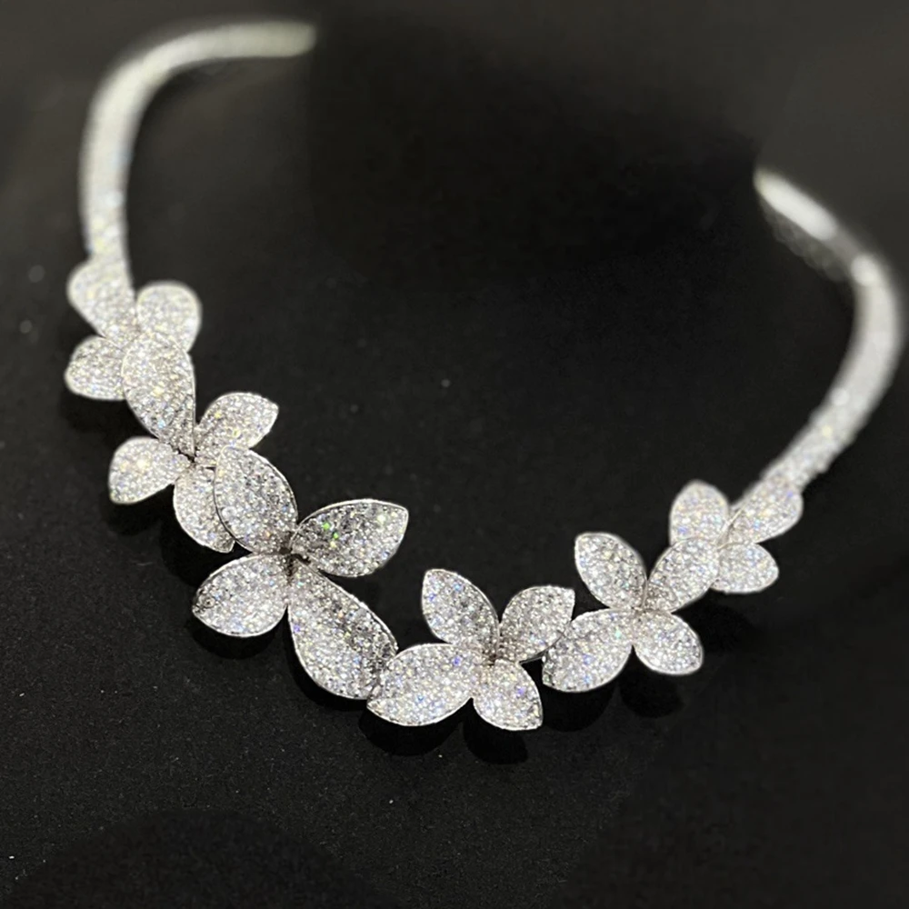 UAE Luxury Fashion 925 Sterling Silver Leaf Flower Blossom Yellow Green CZ Choker Necklace Collar For Women Party Fine Jewelry