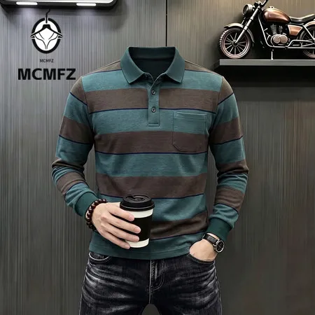 Travel Essential Lapel Polo Top For Men Long Sleeve Button Placket Horizontal Stripes Breathable Basic Outer Shirt
