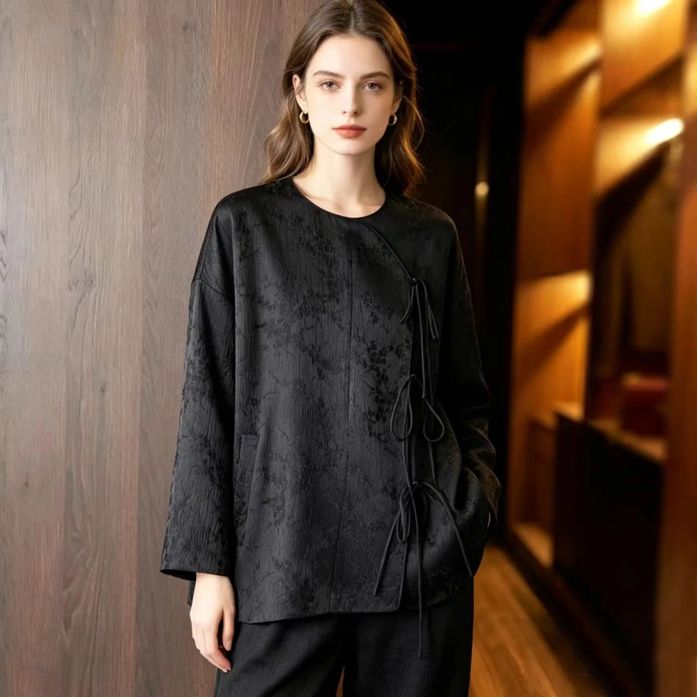 

Fashionable Chinese Style Jacquard Shirt Jacket Women's Top Round Neck Long Sleeve Lace-up Buckle Vintage Loose Blouse Coat