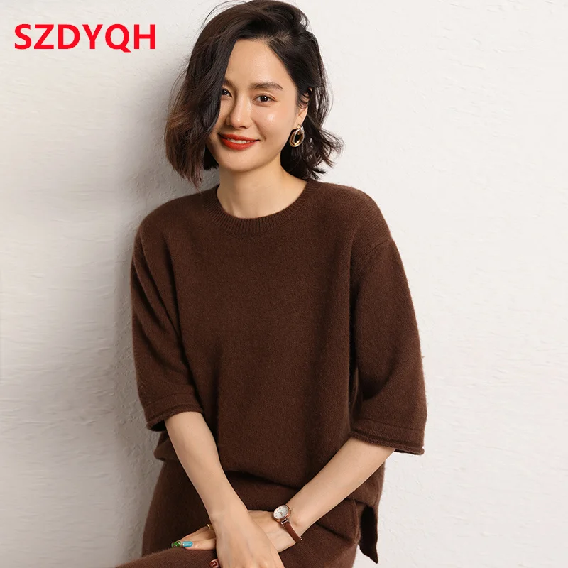 Hot Sale 100% Cashmere Sweaters Women\'s Loose Large Size Pullovers Autumn Female Casual Clothing Short Sleeve Soft Jumper Tops