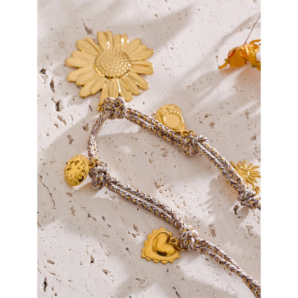 Yhpup 2025 Rope Braided Sunflower Flower Pendant Necklace Handmade Stainless Steel Trending 18K Jewelry Accessories