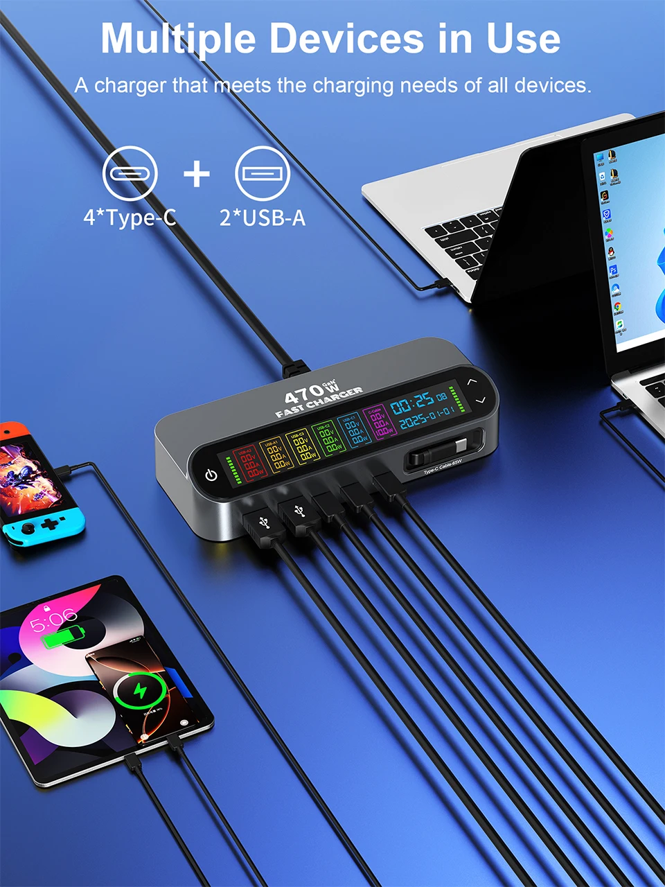 470W GaN Fast Charger 140W PD3.1 PPS USB Type-C Digital Display Desktop Charging Station for iPhone 16/15 MacBook Laptops