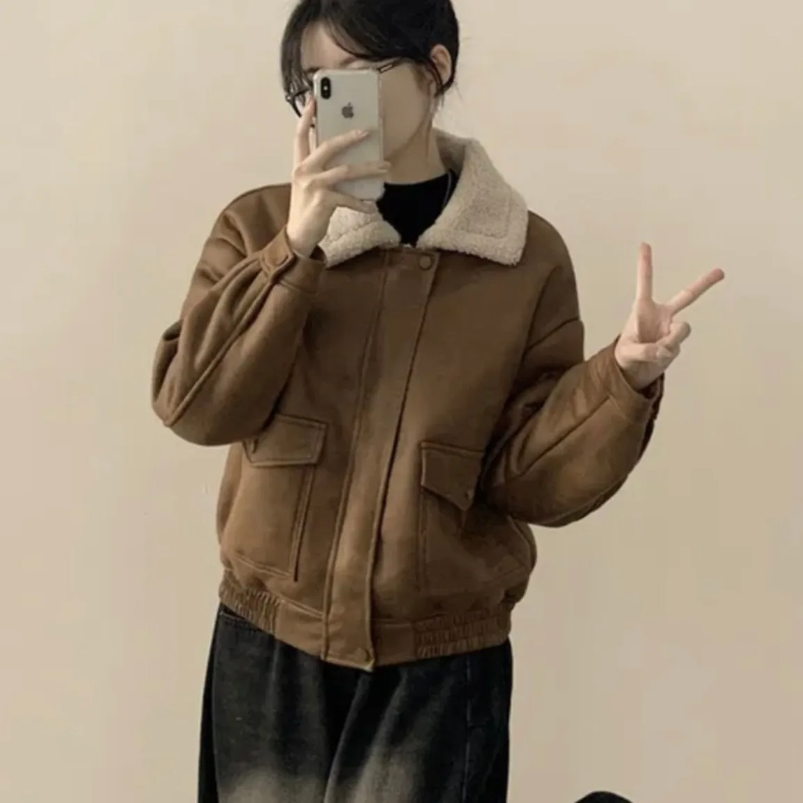 Damen Retro Biker Sle Thiened Lammfell Ort Mantel Long Sve Reißverschlusskragen Leder und Pelz Inteated Oberbekleidung Jaet