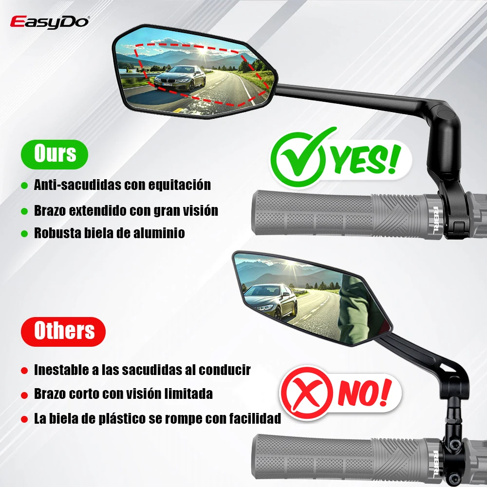 Espejo Retrovisor para Bicicleta Eléctrica EasyDo, con Brazo Extensible Giratorio de 360° para Ciclismo de Carretera y Montaña