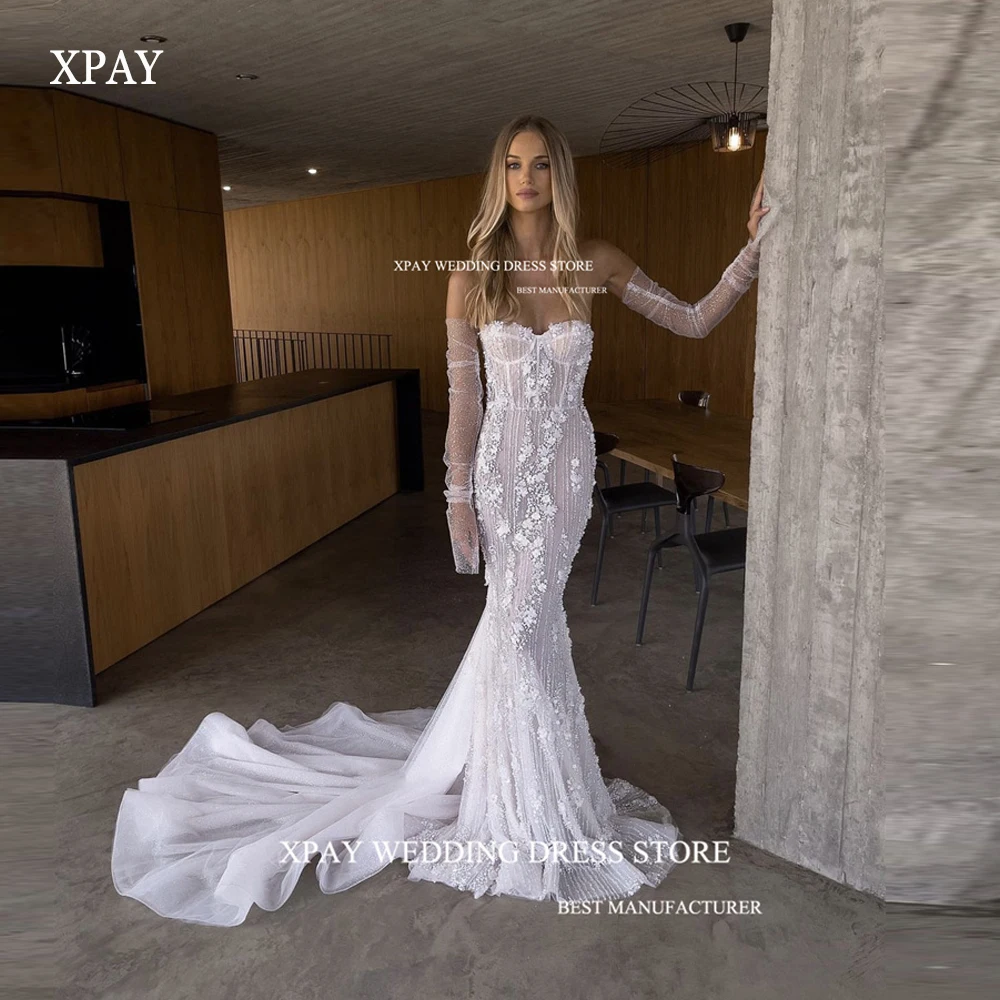 

XPAY Exquisite Mermaid Wedding Dresses Lace 3D Flowers Shiny Sweetheart Court Train Bridal Gowns Long Sleeves Robe de mariee