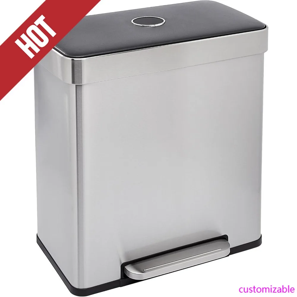 

Hot-Dual Compartment Recycling Trash Can With Soft-Close Lid And Removable Liner Buckets, 60 Liters, Rectangular, Grey, Silver