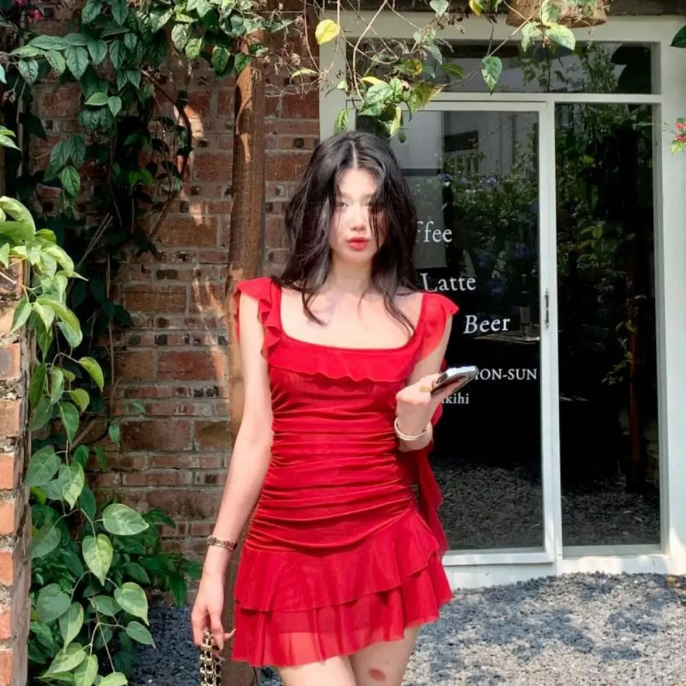 Vestido con borde con volantes y cuello cuadrado, Falda corta sin mangas con temperamento para mujer, ropa de calle ajustada, camisola con cuello Halter, regalo para niñas