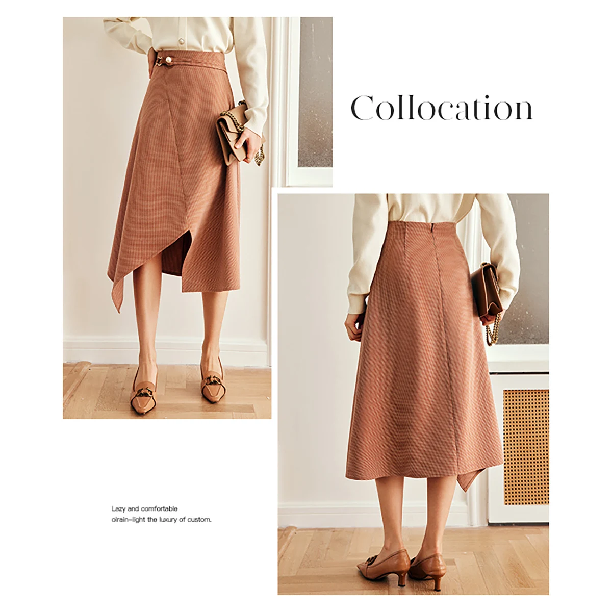 OLrain Coffee Plaid Woman Skirt 2025 Spring Summer Retro Irregular Slit Office Wear Leather and Metal Buckle Skirts O22QB63361