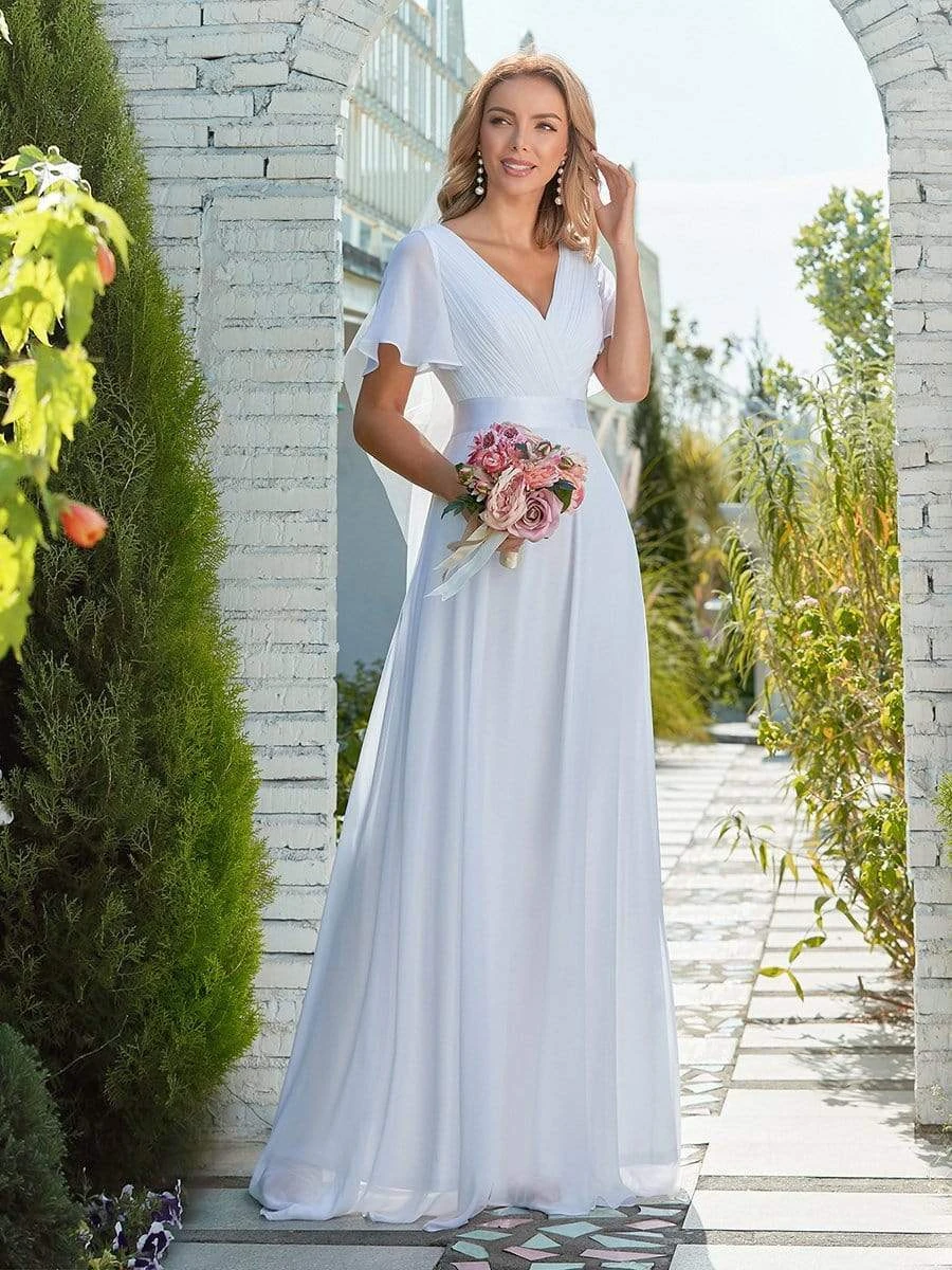 Elegant Women's White Dress Sexy V-Neck Backless Sheer Tulle Short Sleeve Bridal Wedding Dresses A-Line Long Summer Party Gowns