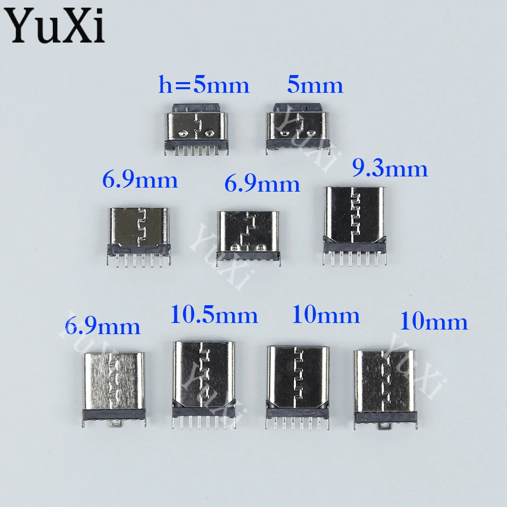 5pcs USB Type-C Connector 6Pin 180 Degree Vertical Female Socket 5mm 6.9/9.3/10.5mm Straight Charging Plug USB C Port Jack