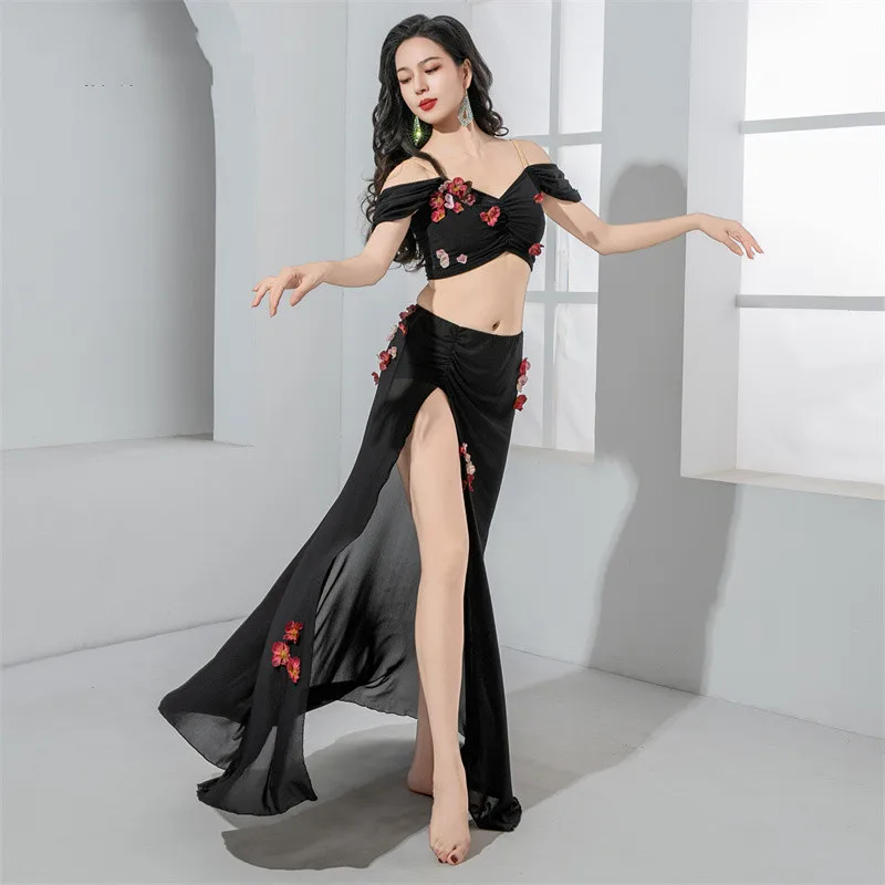 2025 Summer Bellydance Costume 2 Piece Long Skirt Short Shoulder Off Sleeve 3D Flower Team Dance Oriental Gauze Top Sexy Stage
