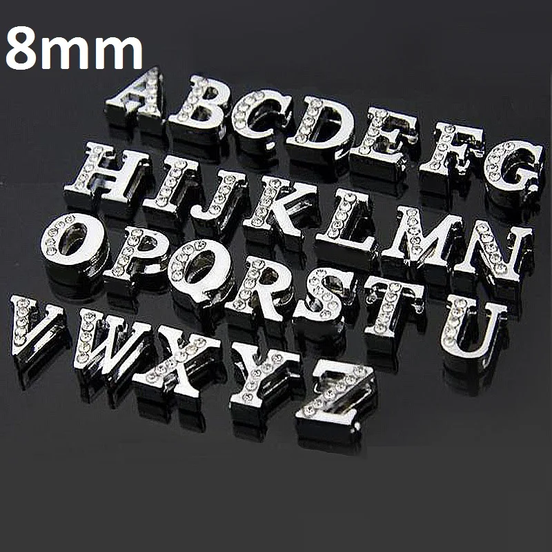 Alloy Slide Alphabet Letters Charms A-Z Rhinestone 1pcs 8mm Fit DIY Wristband Bracelet Pet Collar Jewelry Making Women Kids Gift