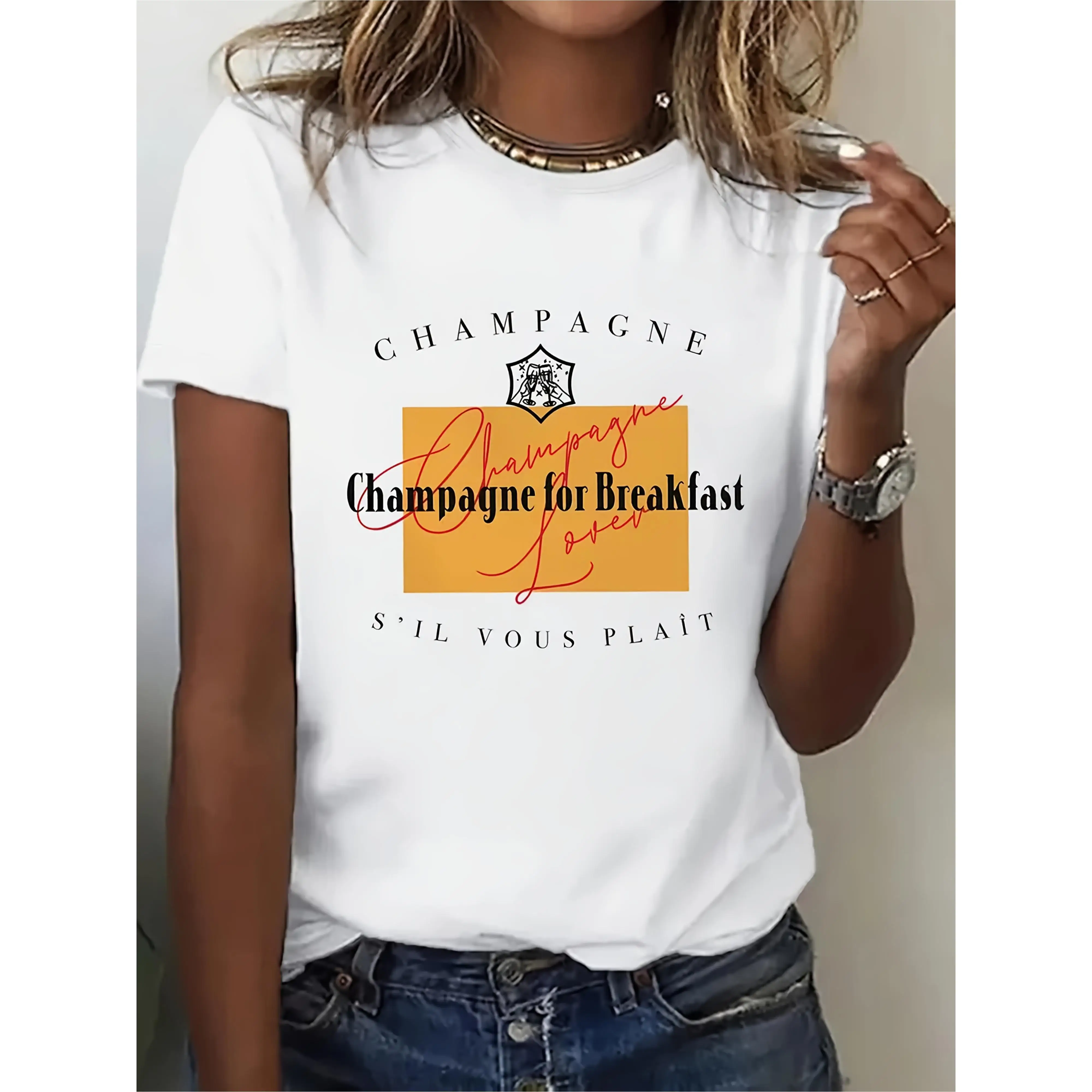 

180g 1pc T-shirt suitable for women Champagne Printing Round Neck Short Sleeve Stretch All- Seasons Comfortable T-Shirt for Cham
