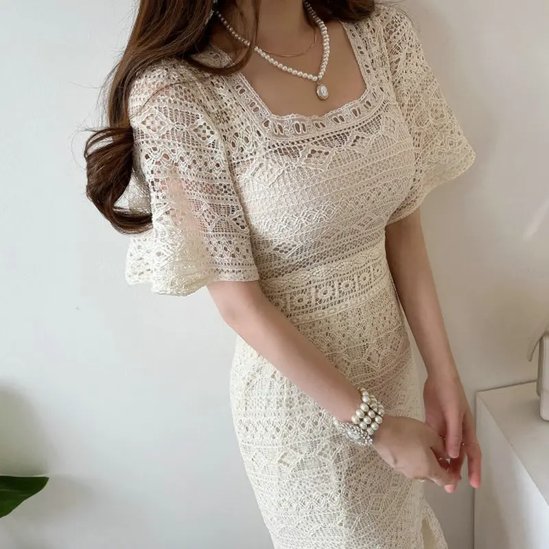 

Ele Hollow out Hook Flower Square Collar Slim Fi Tail ort Sve Gentle Dr Commute Sle High Waist Midi Skirt