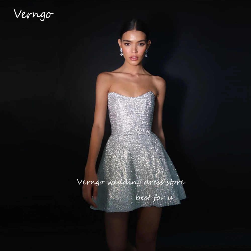 

Verngo Sparkly Silver Prom Party Dresses Strapless Mini Sexy Cocktail Dress Night Club Formal Evening Gowns Glitter Shiny 2023