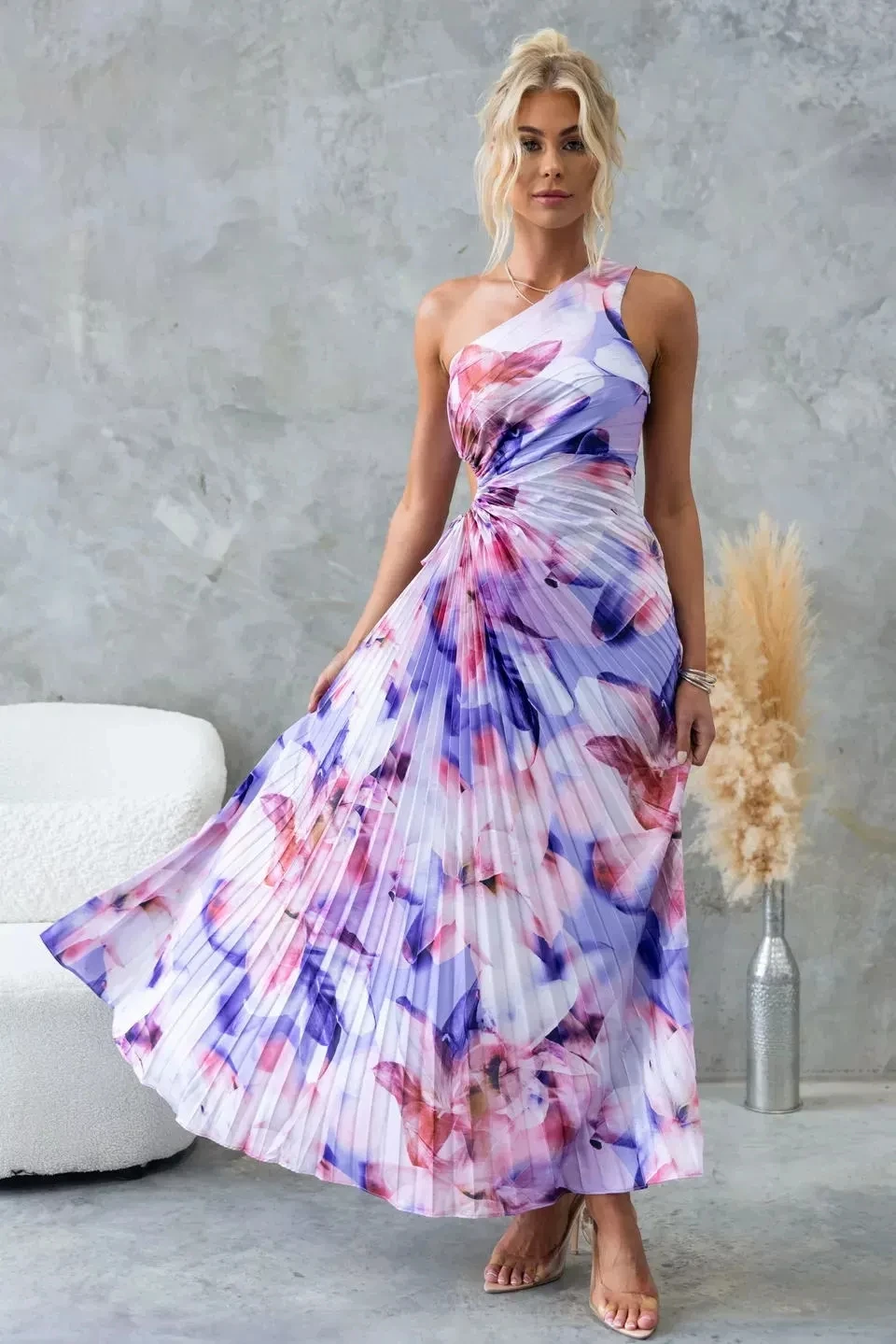 

Fashion Flower Print Pleated Dresses Women Sexy Slanted Collar Off Shoulder Hollow Out Slim Party Dress Female Summer Vestidos