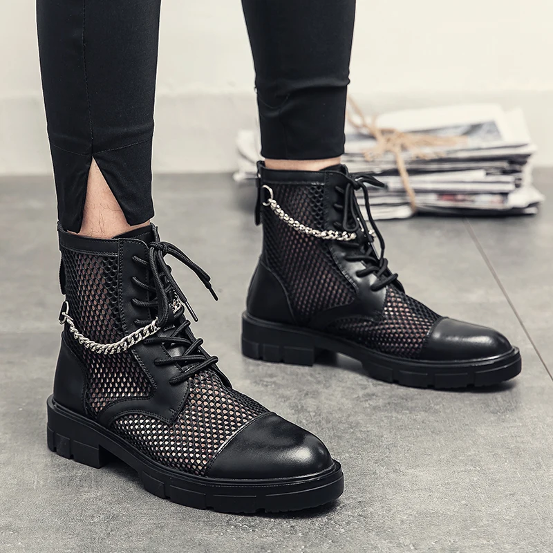 New Fashion Korean Edition Chelsea Boots Men Boots Pointed Black Mesh Face Breathable Lace up Business Dress Boots Size 38-46