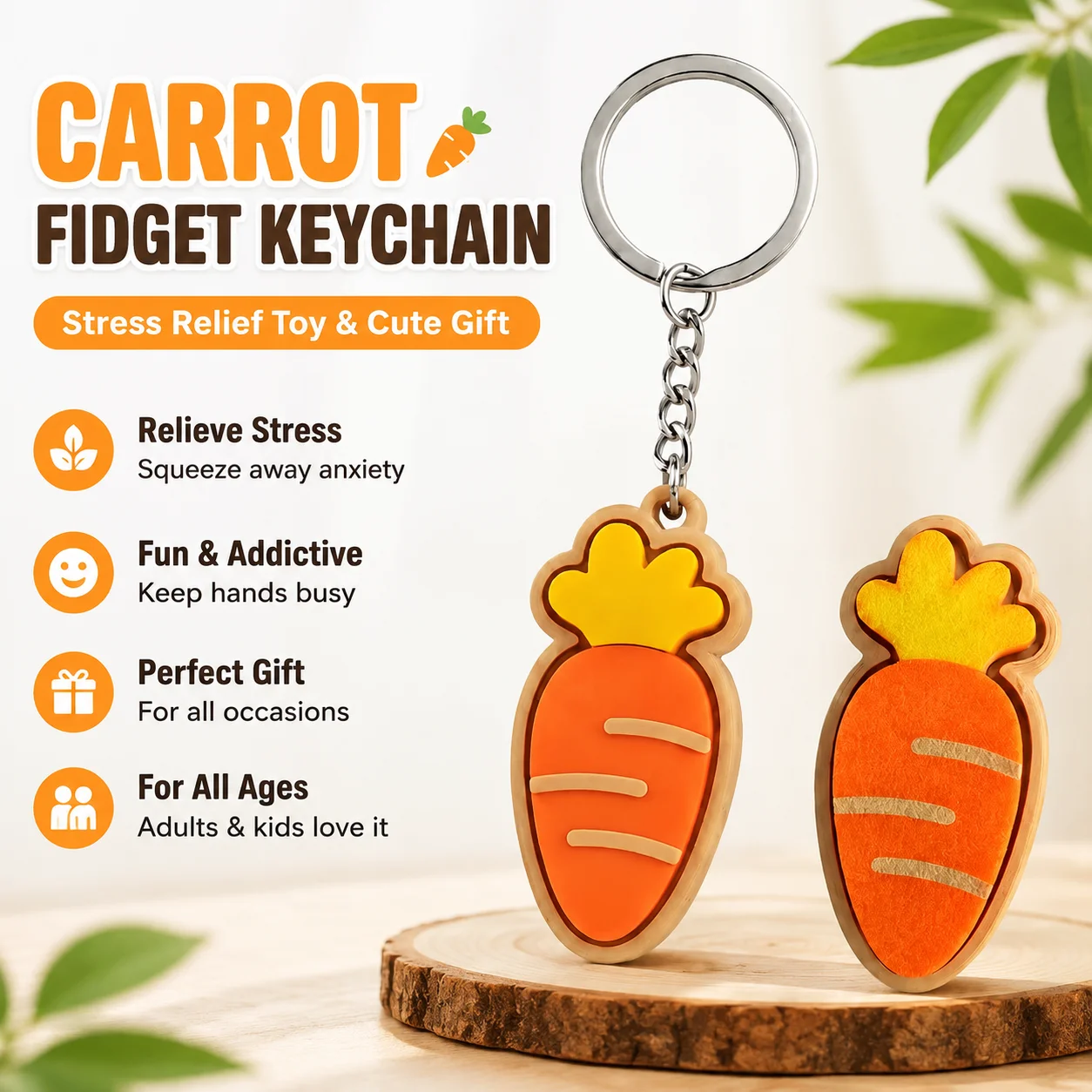 3D Printed Carrot Shape Fidget Keychain Stress Relief Toy Anti-Anxiety Decompression Press Puzzle Gift for Adults Kids
