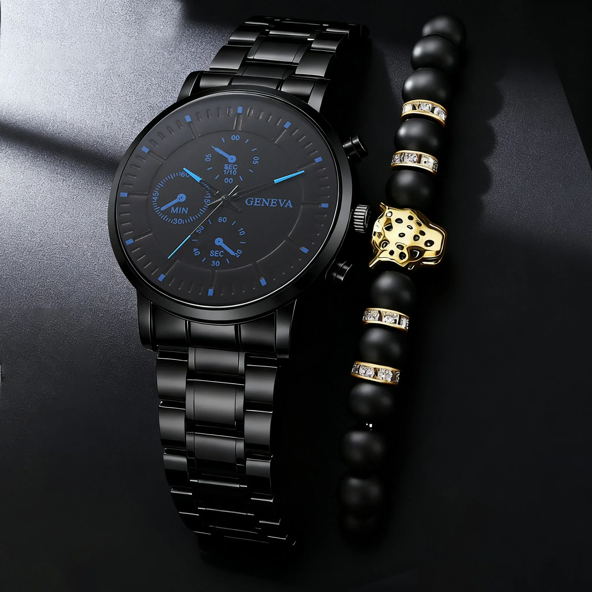 Quartz watch and bracelet set for men, alloy material, suitable for daily use, Christmas gift