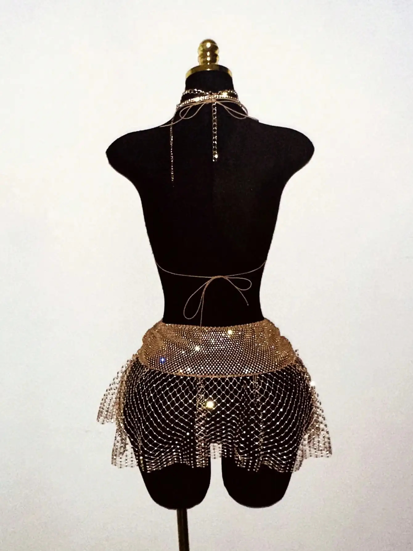 Women's Gold Fishnet Mini Skirt With Rhinestones,Seductive Summer Beach Club Party,Shiny Dance Showgirl Belly Dancer