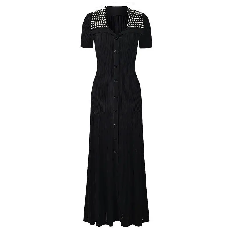 

High Quality Women's Fashionable Knitted Short Sleeve Slim Fit Dress Turn-down Collar Summer New Arrival Elegant Lady Style
