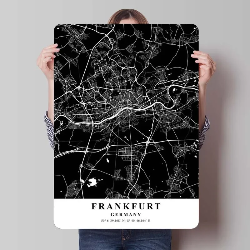 Frankfurt City Map Germany Tinplate Map Sign Wall Art Decor Retro Metal Sign for Bar Coffee Bar Wall Decoration Man Cave Room