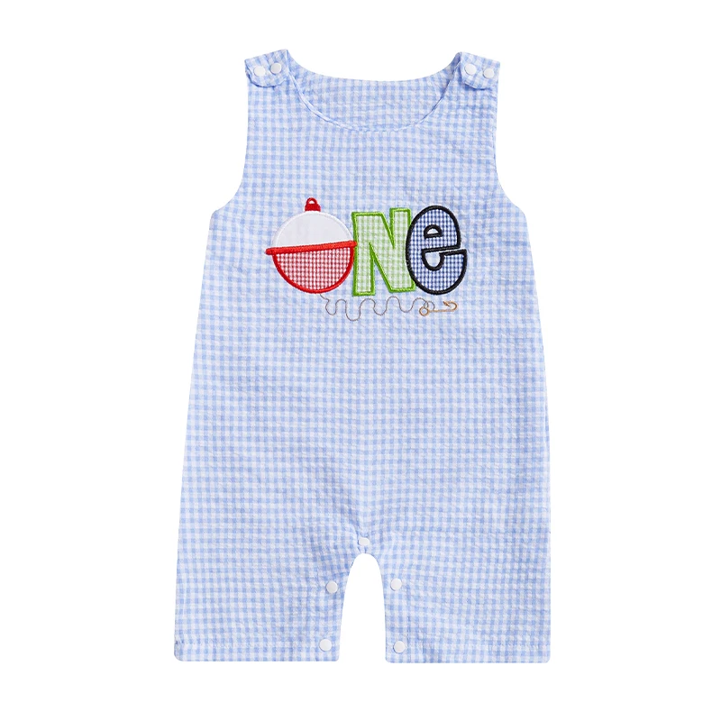 

Baby Birthday Jumpsuit Sleeveless Round Neck Letter Embroidery Plaid Print Romper Newborn Clothes