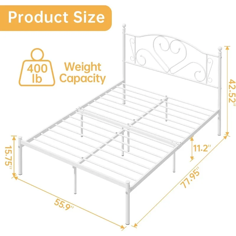 Full Size Bed Frame with Headboard, Heavy Duty Steel Slat Support Platform Under Bed Storage Space No Box Spring Needed, White