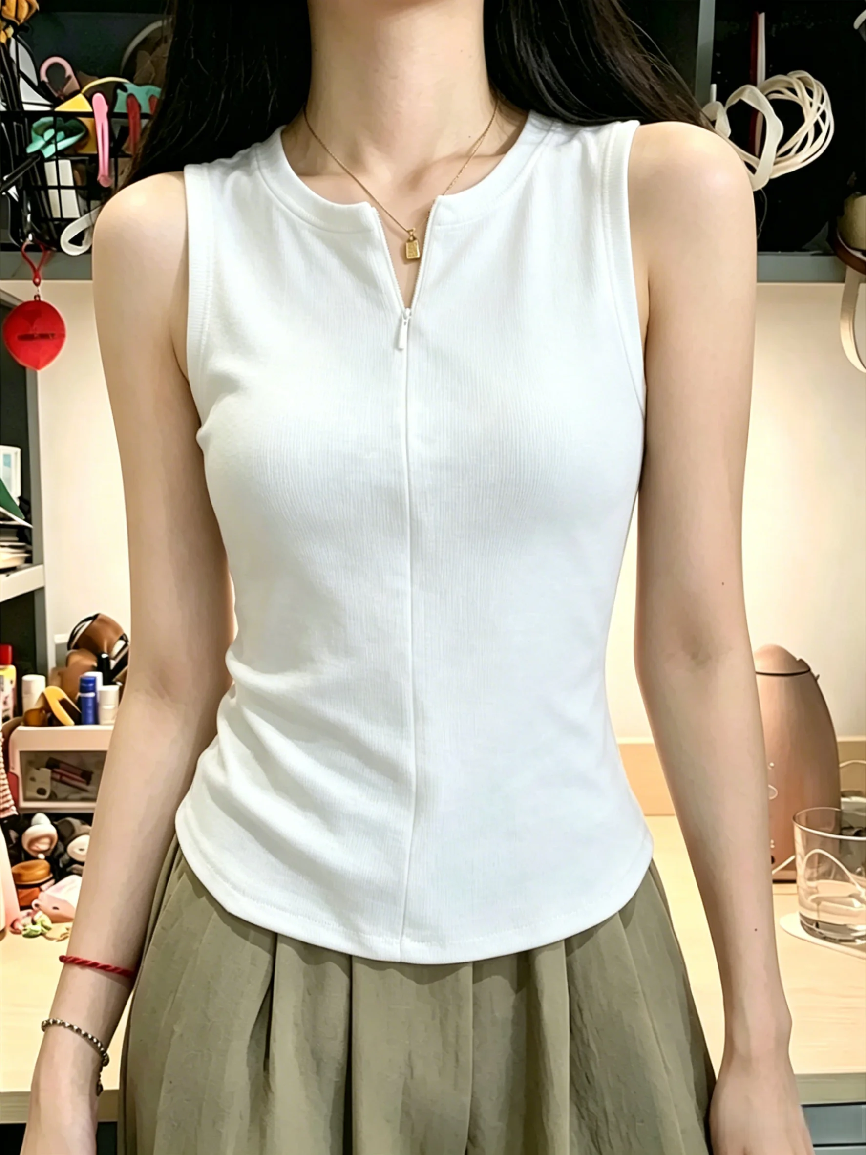Summer Sleeveless Women's Vest Halter Neck 95% Cotton Half Zipper Waist Cinching Outerwear Slimming Top Large Size