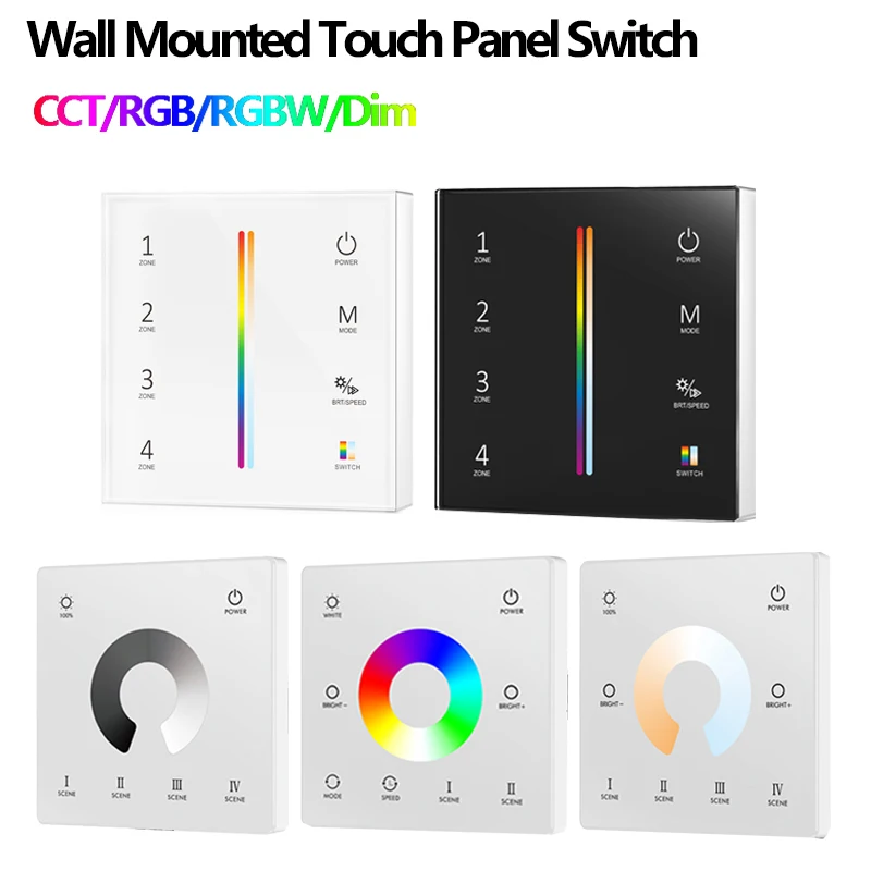 Dimmer Switch Wall Mounted Touch Panel Remote Controller DC12V-24V CCT/RGB/RGBW/RGBCW RF for LED Strips Lamp Battery Powered