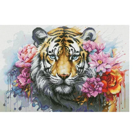 Wildlife of predator,  Counted Canvas Cross Stitch Kits, Tiger and Flowers, Animal, Embroidery, Luca-s BU5033 