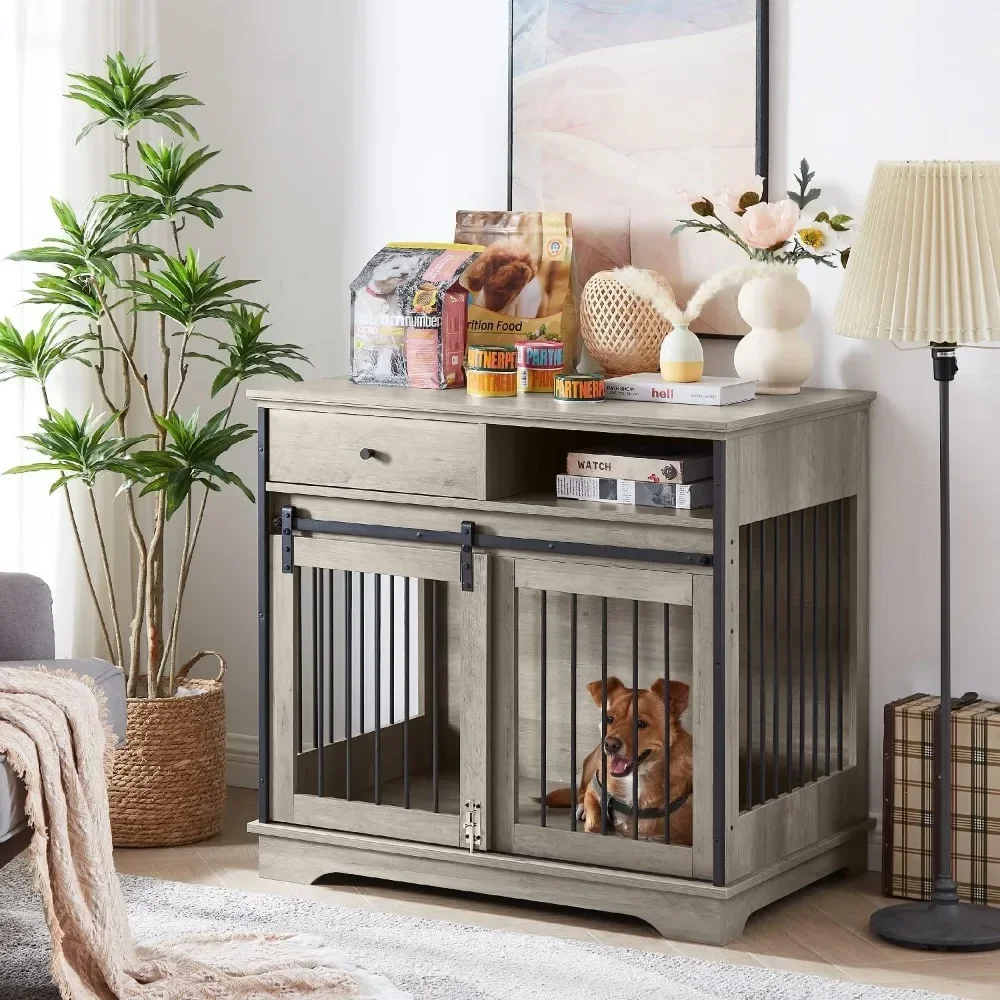 

Dog Crate Furniture with Sliding Barn Door, 35" Wooden Dog Kennel End Table with Drawer and Storage, Rustic Style Decorative