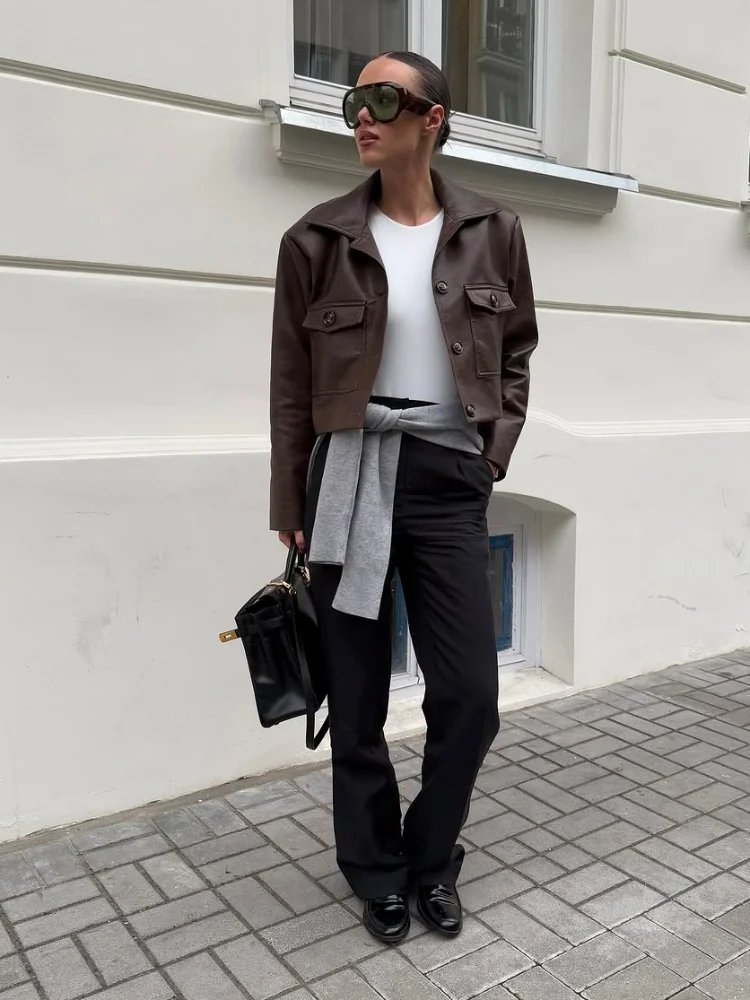 Giacca monopetto in pelle marrone corta da donna Casual bavero manica intera tasca cappotto corto autunno signora pendolarismo streetwear