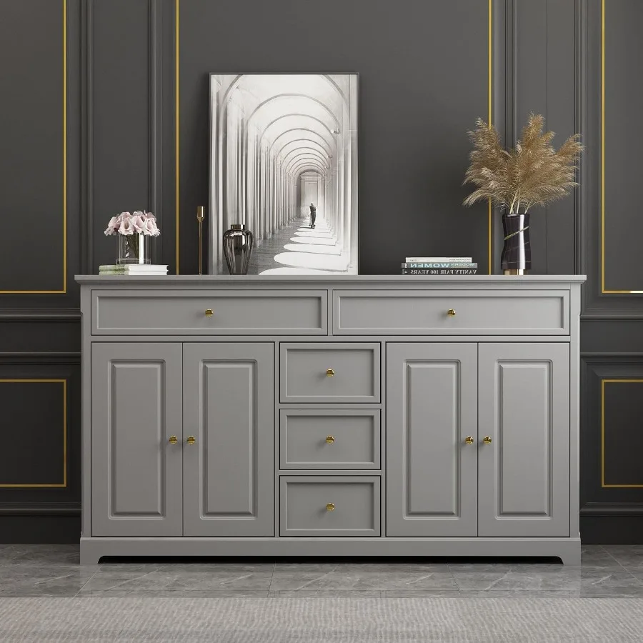 Aparador Credenza con Puertas y Estantes Credenza Aparador con Cajones Buffet Home Bar Mueble para Cocina Sala de Estar Gris