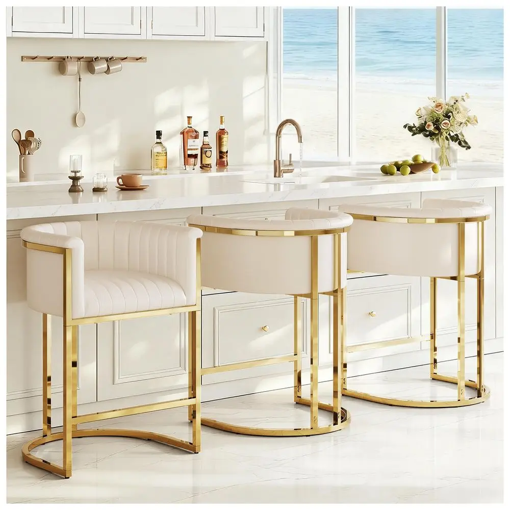 

H Counter Height Bar Stools Set of 3, Modern Barrel Counter Stools with Backrest and Arms, Faux Leather holstered Barstools f